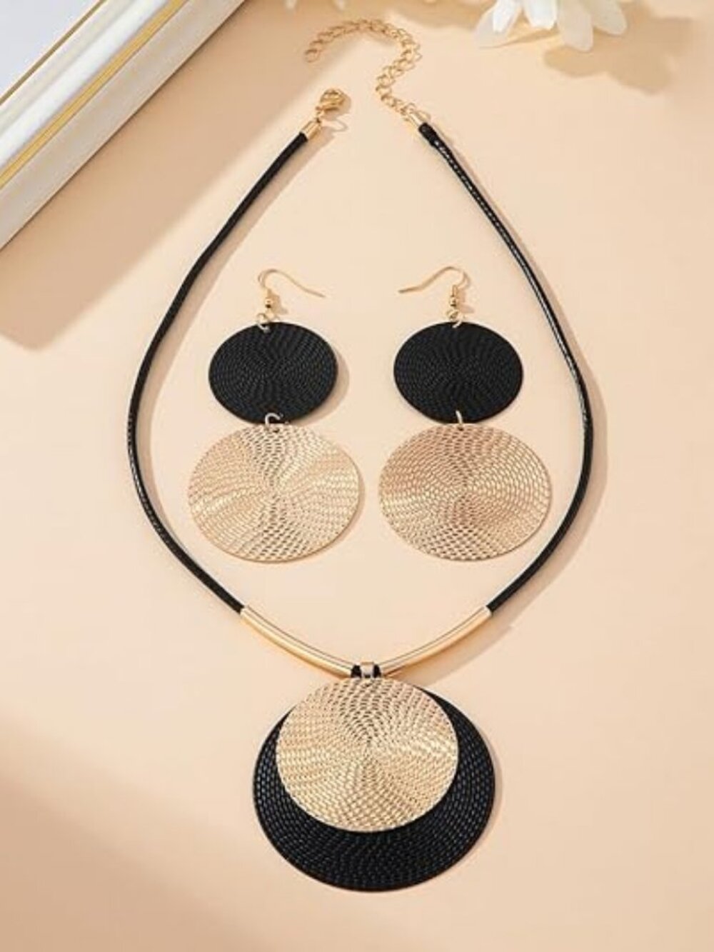 YOOESTORES82 Gold Medallion & Black Leather Statement Jewelry Set